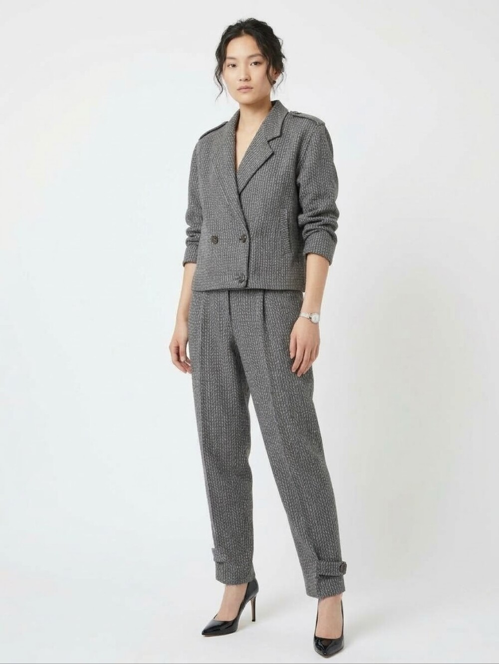 Vtg Martine Douvier Paris 100% Wool Suit Set Gray 2. Made in France.
